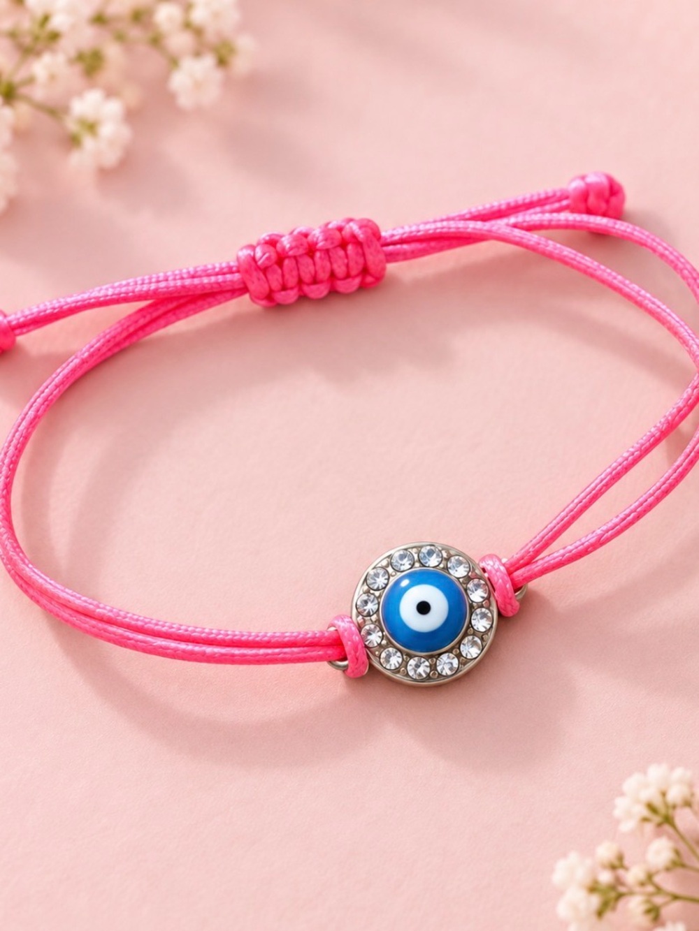 Pink Cord Bracelet with Blue Evil Eye and Crystal Accents